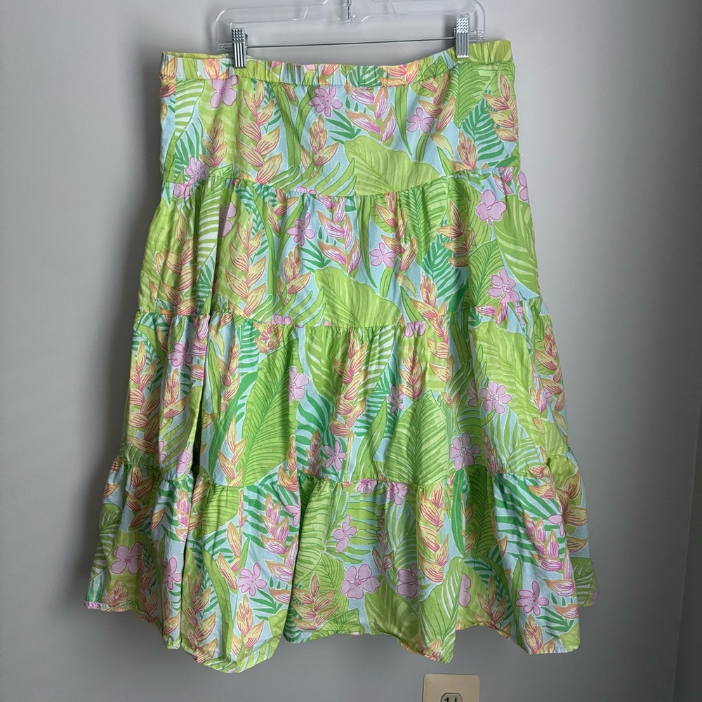 Vtg LILLY PULITZER Green Pink Floral Tropical Ruffled Tiered Midi Skirt size L
